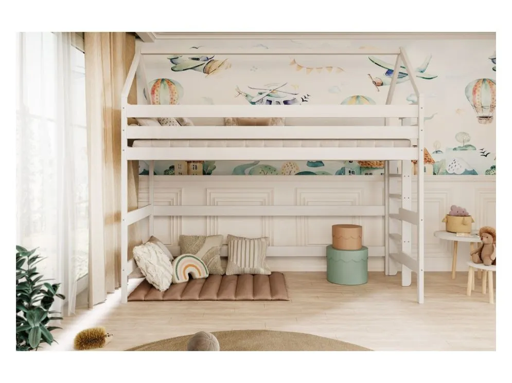 Łóżko domek na antresoli TOBI 1 160x80 białe drewno sosnowe I sklep meblowy MIRAT. styl SKANDYNAWSKI