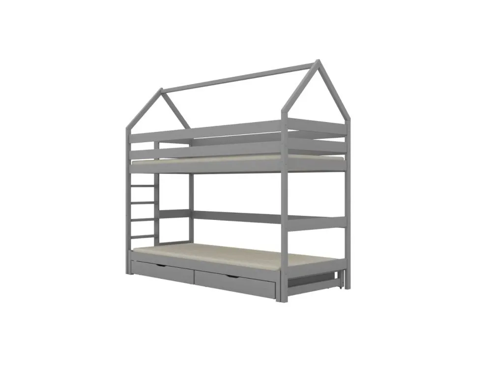 Łóżko piętrowe domek TOBI 1 160x80 szare drewniane z szufladami na pościel I sklep meblowy MIRAT. styl SKANDYNAWSKI