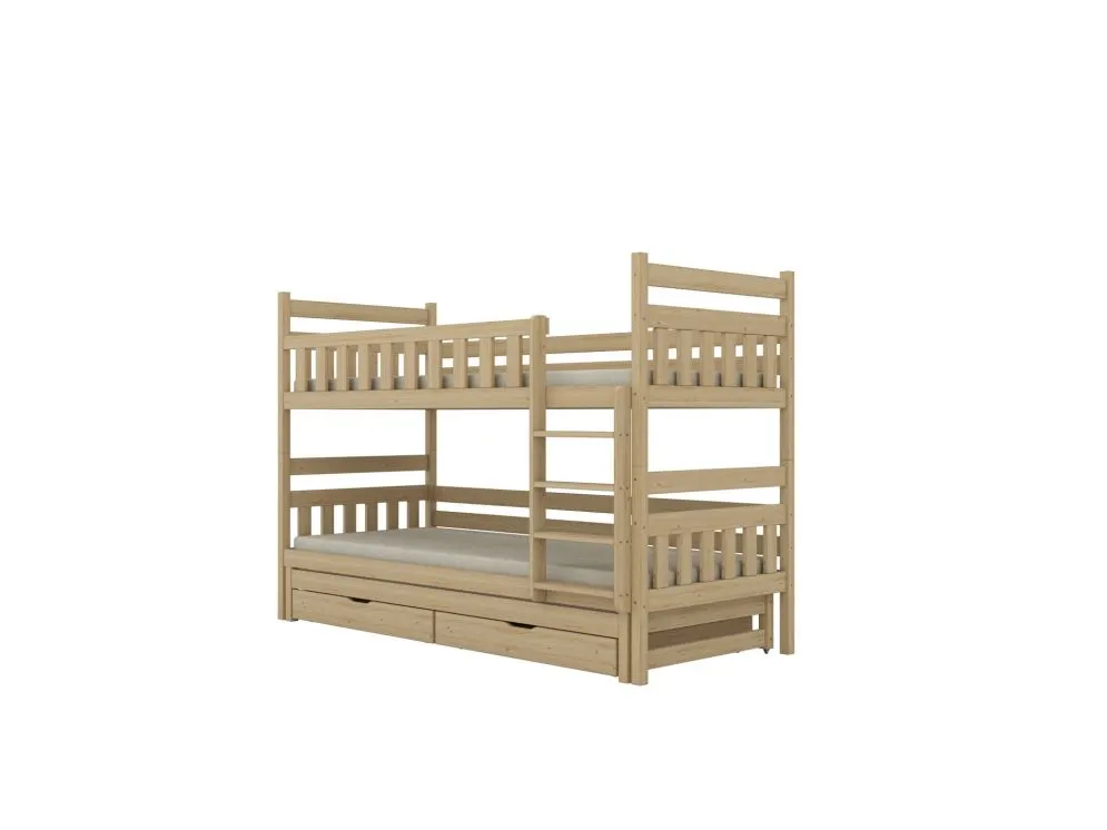 Łóżko piętrowe BARTEK 200x80 sosna nielakierowana drewniane trzyosobowe z szufladami | MIRAT. styl SKANDYNAWSKI kolekcja BARTEK