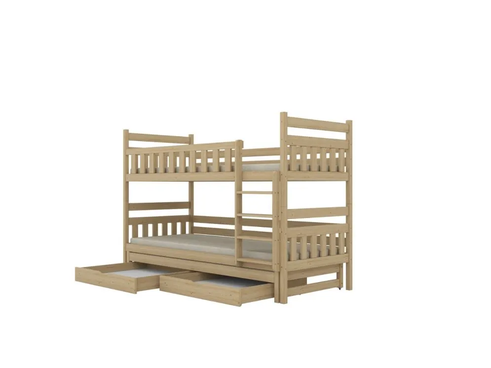 Łóżko piętrowe BARTEK 200x90 sosna lakierowana drewniane trzyosobowe z szufladami | MIRAT. styl SKANDYNAWSKI kolekcja BARTEK