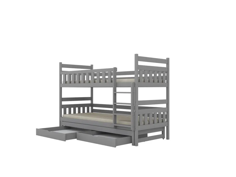 Łóżko piętrowe BARTEK 180x80 szare drewniane trzyosobowe z szufladami | MIRAT.  kolekcja BARTEK