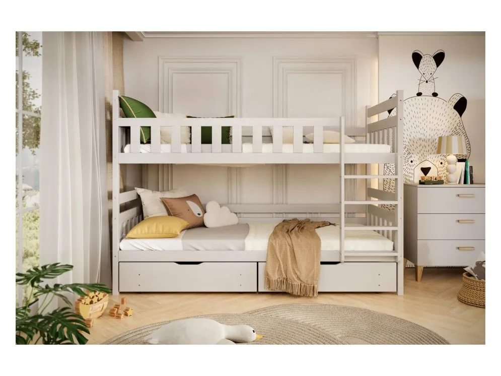 Łóżko piętrowe BARTEK 160x80 białe drewniane trzyosobowe z szufladami | MIRAT. styl SKANDYNAWSKI kolekcja BARTEK