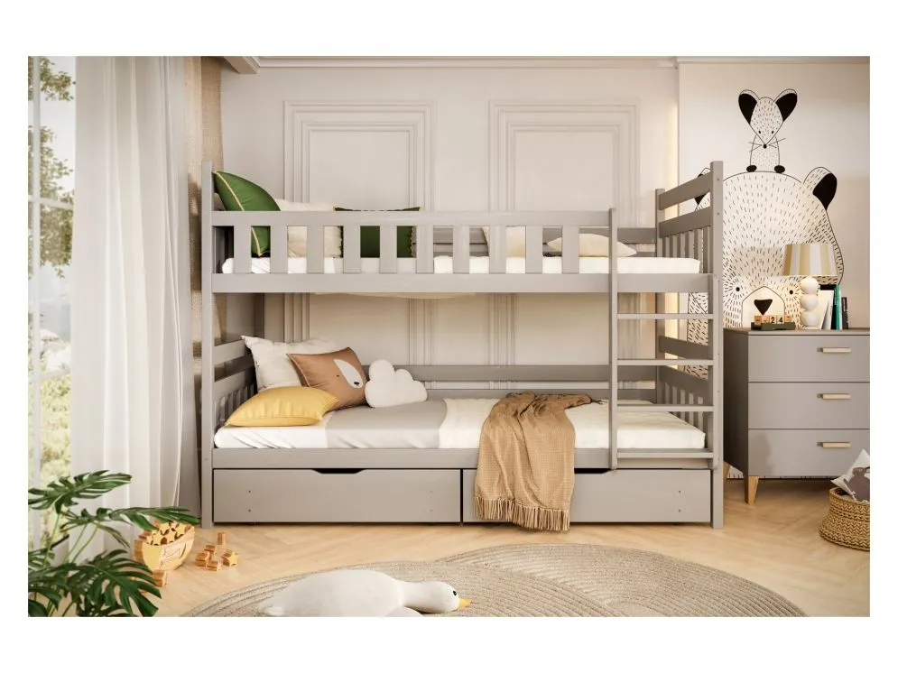 Łóżko piętrowe BARTEK 200x90 szare drewniane z szufladami | MIRAT. kolekcja BARTEK