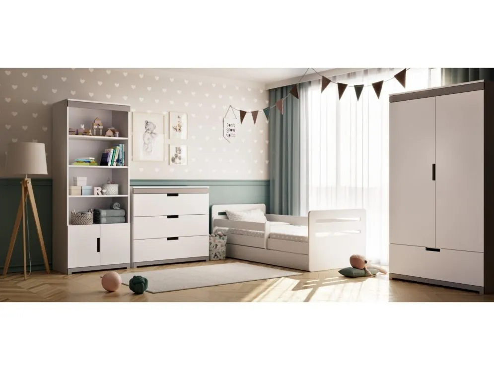 Łóżko dziecięce TOMI białe z barierką i szufladą | MIRAT.