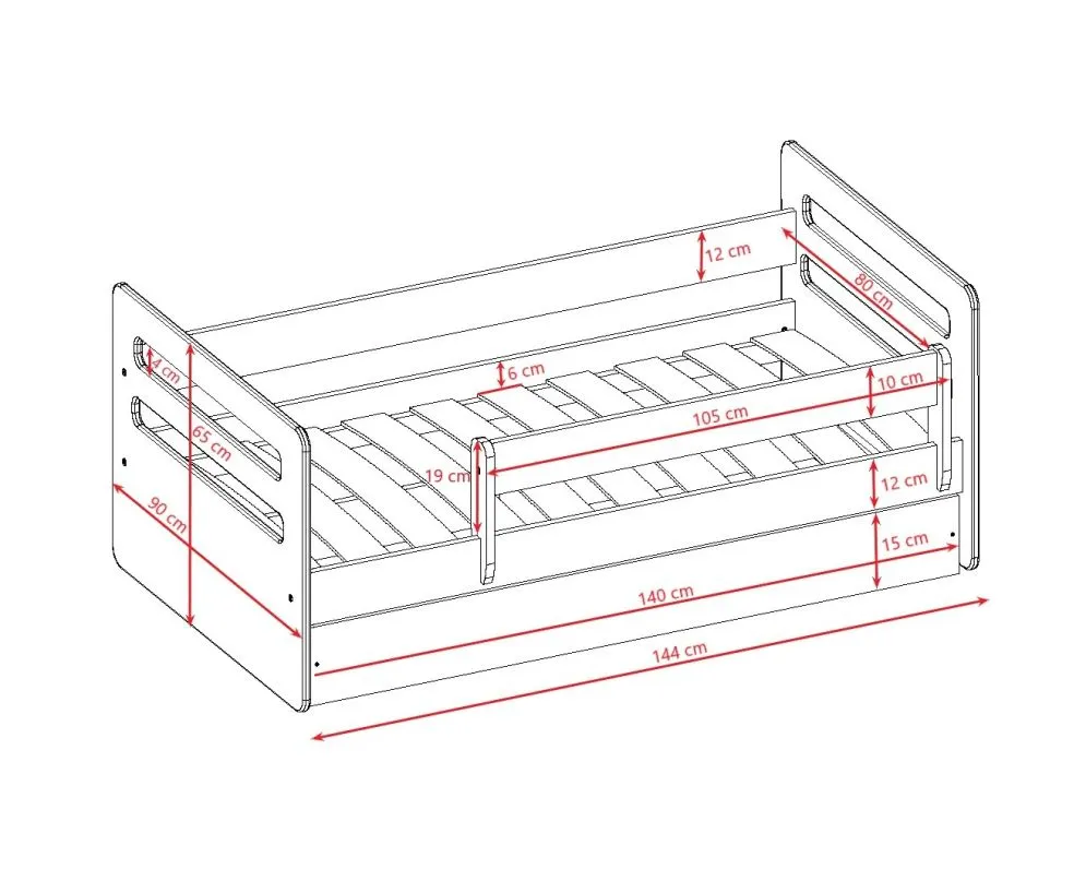 Łóżko dziecięce TOMI białe z barierką i szufladą | MIRAT.