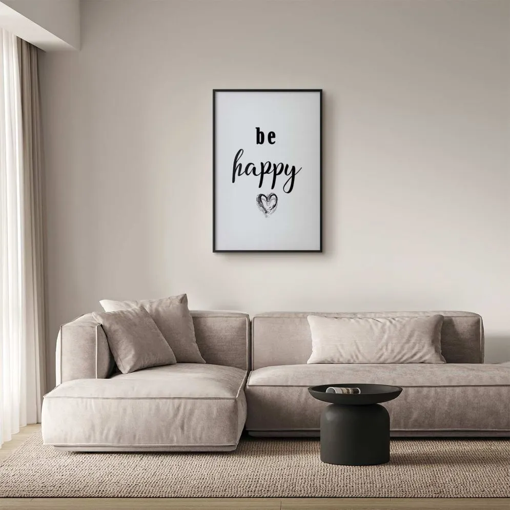 Plakat Be happy 21x30 cm z ramą czarną z marginesem | MIRAT.