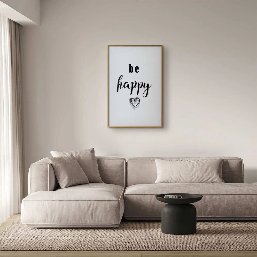 Plakat Be happy 29,7x42 cm z ramą złotą z marginesem | MIRAT.