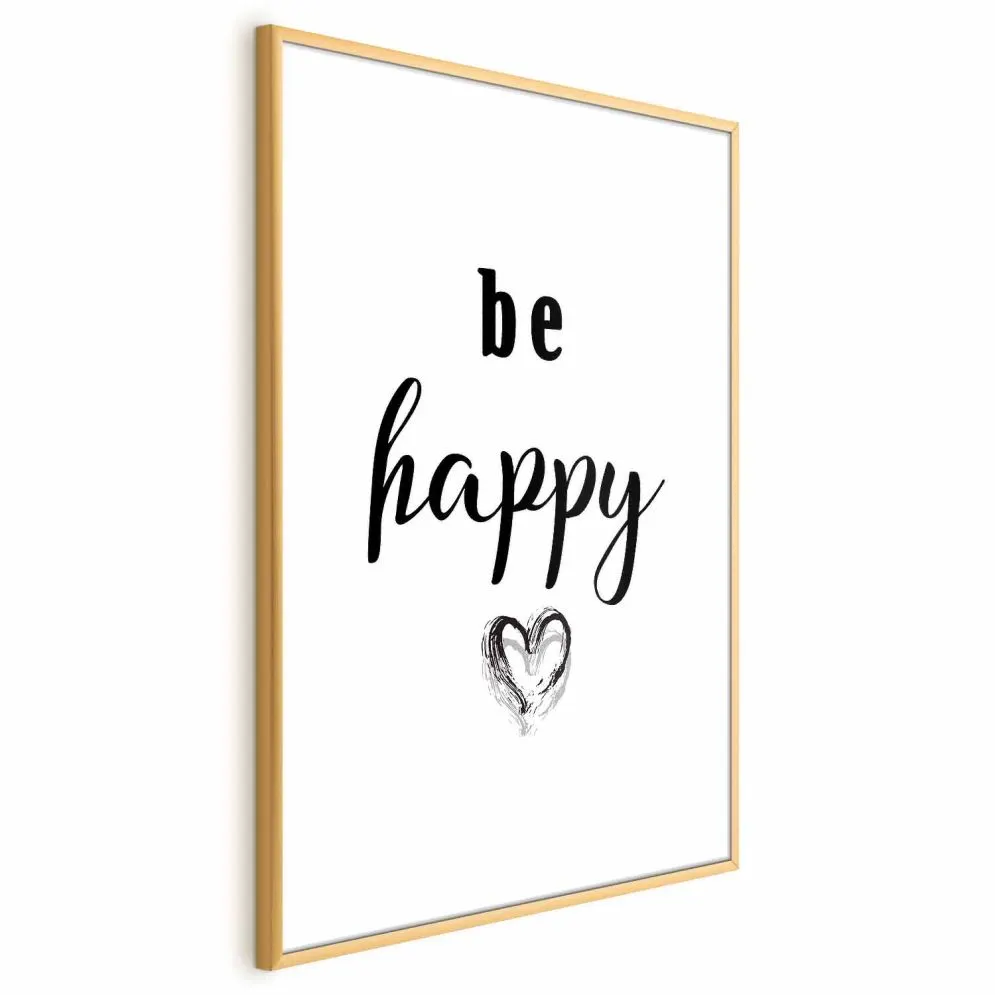 Plakat Be happy 29,7x42 cm z ramą złotą z marginesem | MIRAT.