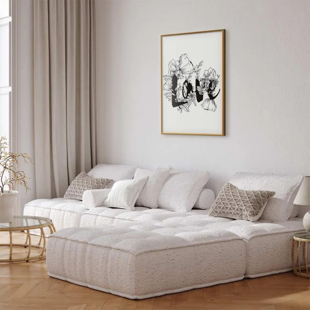 Plakat Love w kwiatach 21x30 cm z ramą złotą bez marginesu | MIRAT.