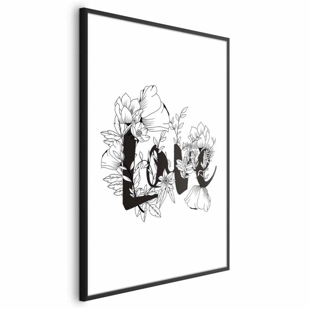 Plakat Love w kwiatach 60x90 cm z ramą czarną z marginesem | MIRAT.