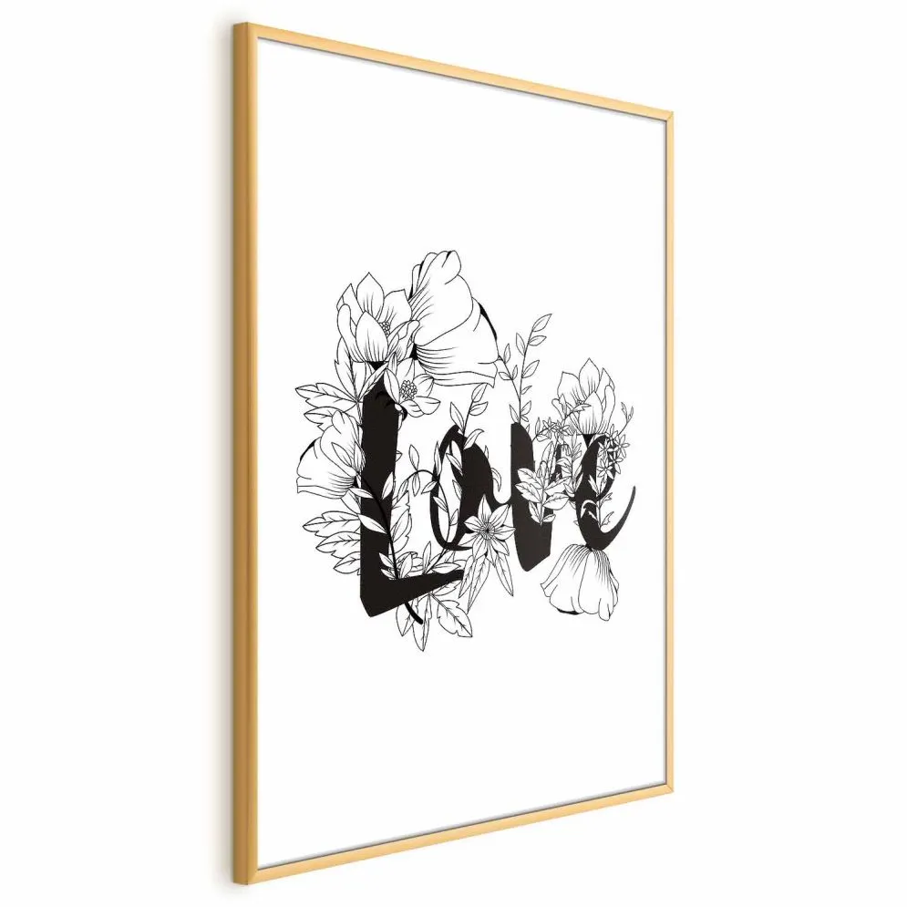 Plakat Love w kwiatach 29,7x42 cm z ramą złotą z marginesem | MIRAT.