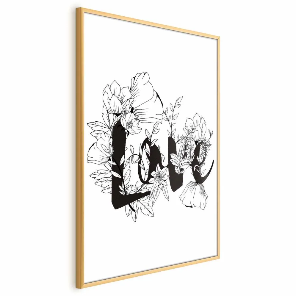 Plakat Love w kwiatach 21x30 cm z ramą złotą bez marginesu | MIRAT.
