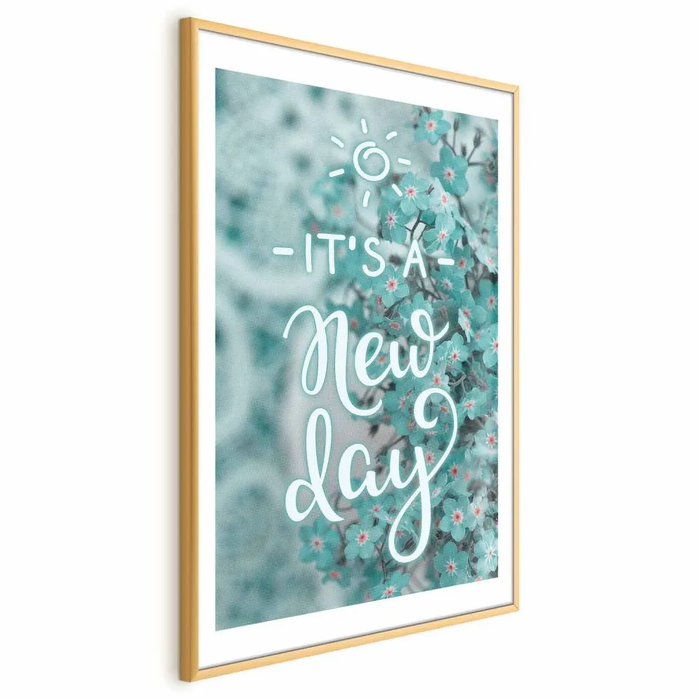 Plakat New day 29,7x42 cm z ramą złotą z marginesem | MIRAT.