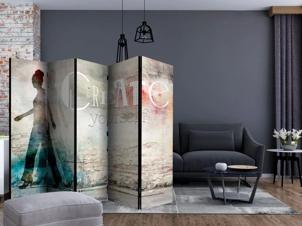 Parawan dwustronny Napisy 225x172 cm 5-częściowy szary | MIRAT.
