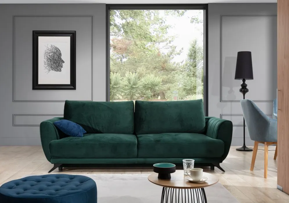 Sofa rozkładana z funkcją spania MEGIS VELVET szara trzyosobowa | MIRAT.