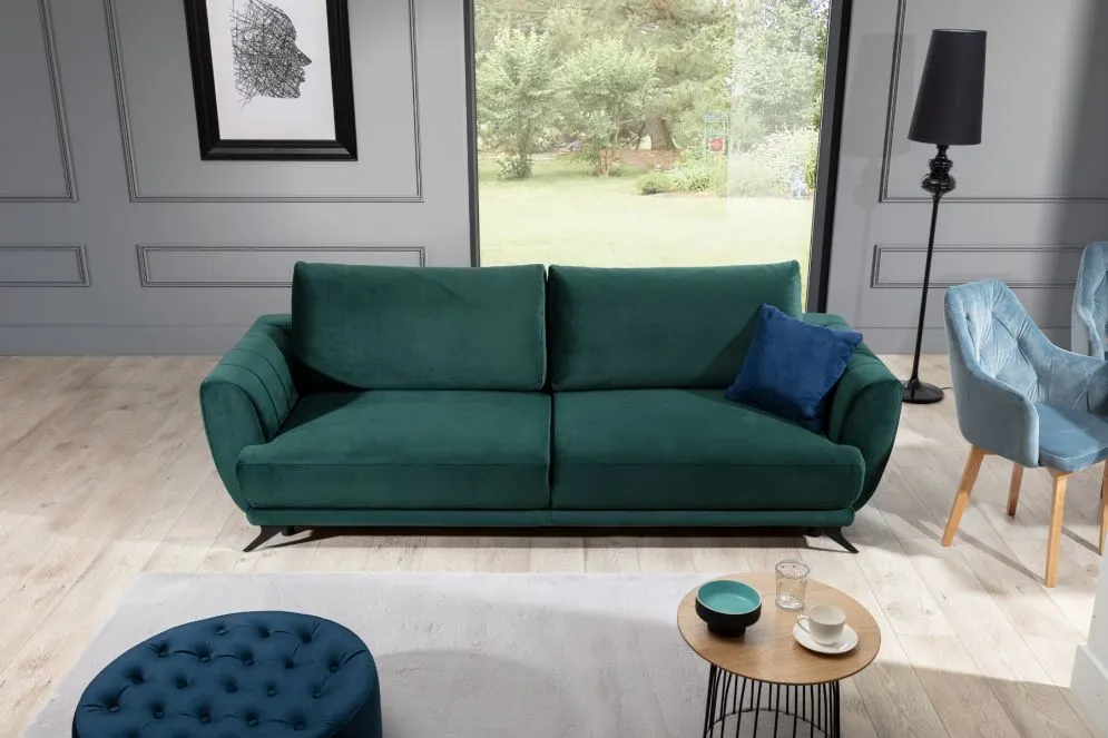 Sofa rozkładana z funkcją spania MEGIS VELVET zielona z pojemnikiem na pościel | MIRAT.
