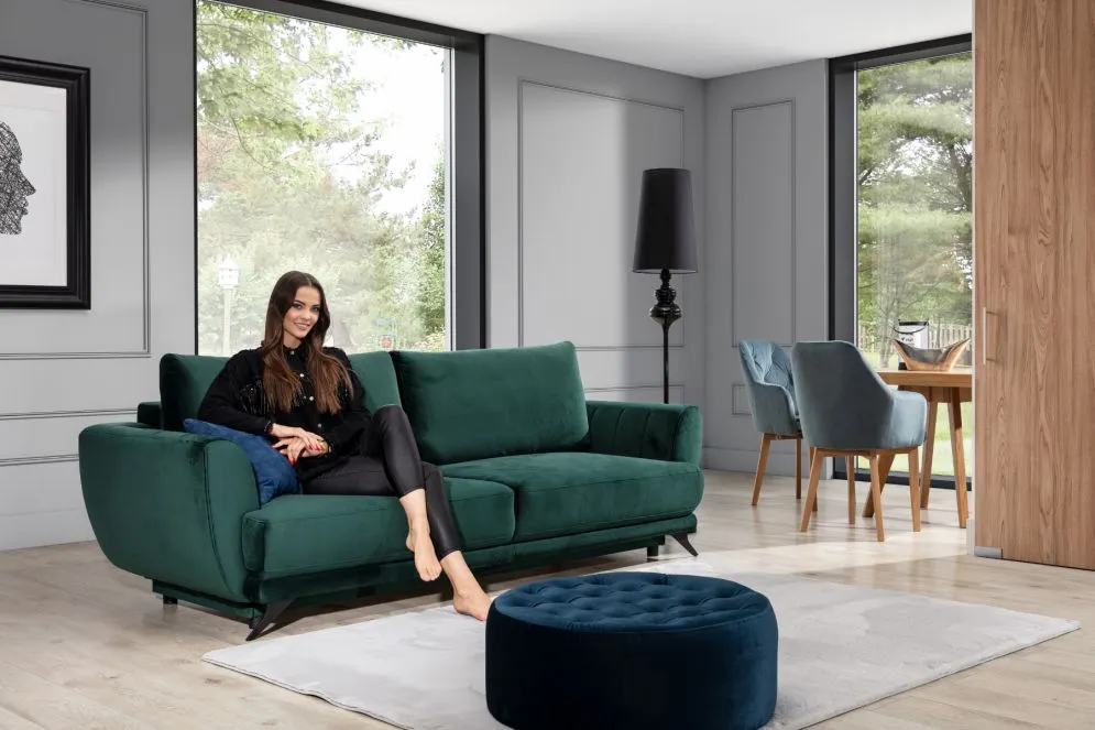 Sofa rozkładana z funkcją spania MEGIS VELVET zielona z pojemnikiem na pościel | MIRAT.