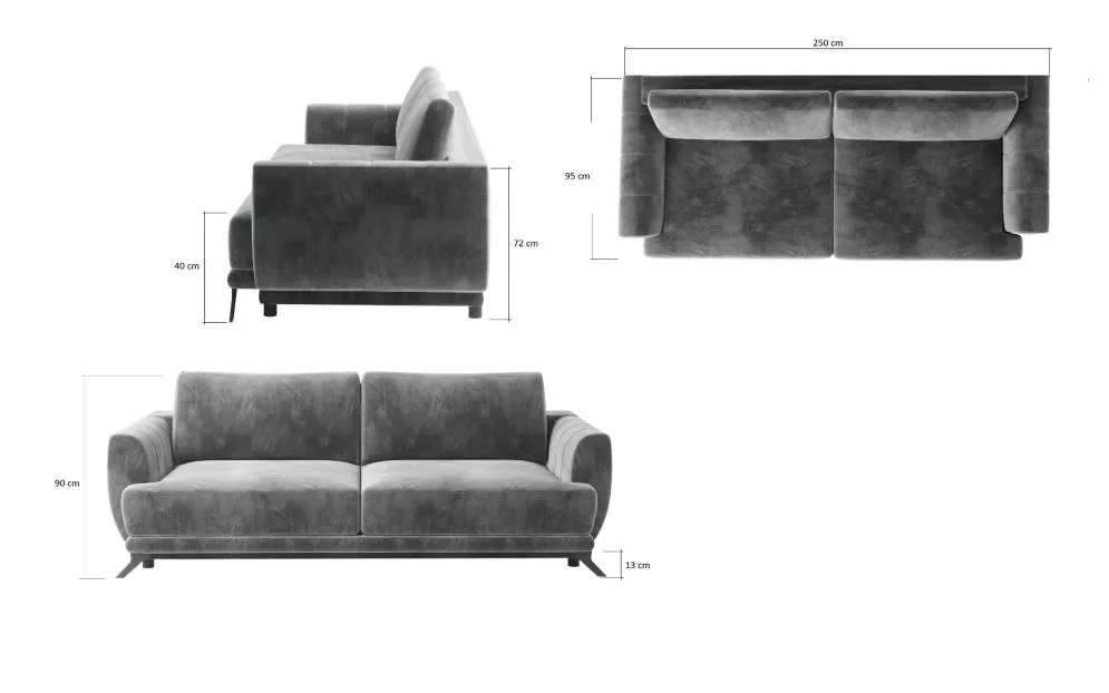 Sofa rozkładana z funkcją spania MEGIS VELVET szara trzyosobowa | MIRAT.