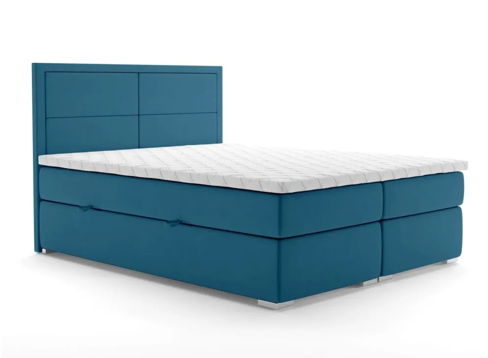 Łóżko kontynentalne DENNERY 160 ciemno niebieskie velvet z pojemnikiem i materacem | MIRAT. styl GLAMOUR