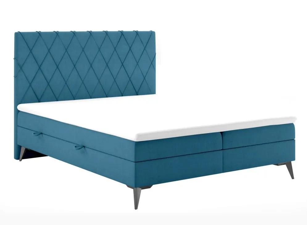 Łóżko kontynentalne IBETIO 160 ciemno niebieskie velvet z pojemnikiem i materacem | MIRAT. styl GLAMOUR