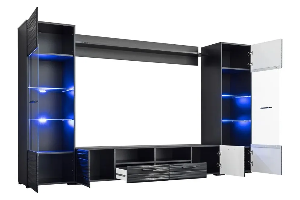 Meblościanka MODICA czarny mat/czarny połysk efekt 3D | MIRAT.