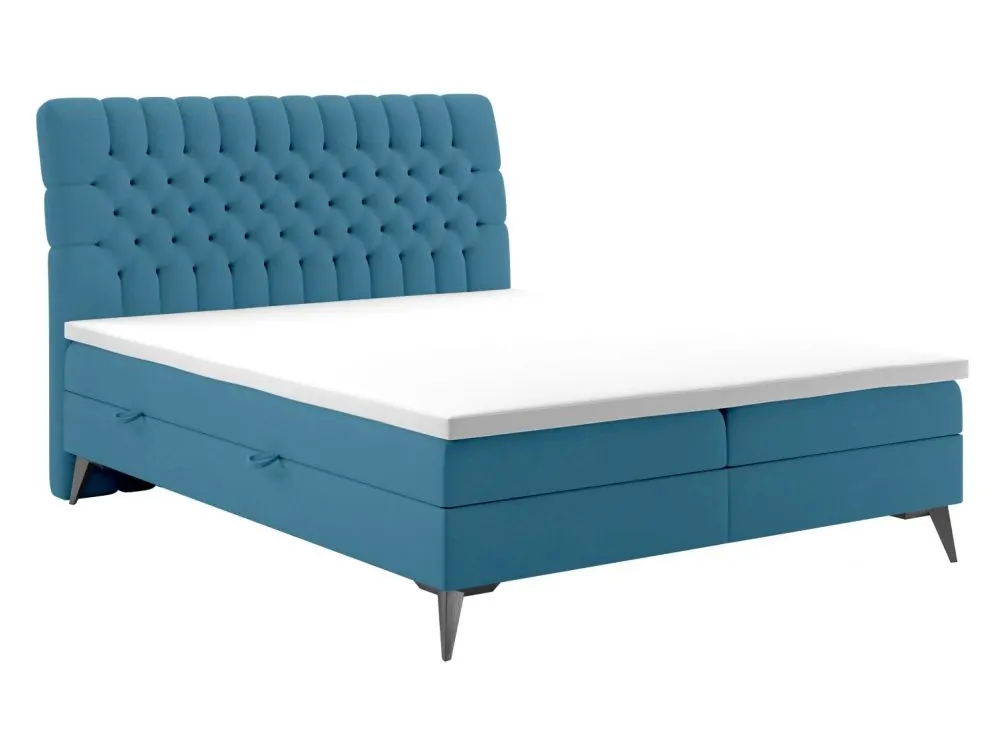 Łóżko kontynentalne BETAFO 160 ciemno niebieskie velvet z pojemnikiem i materacem | MIRAT. styl GLAMOUR
