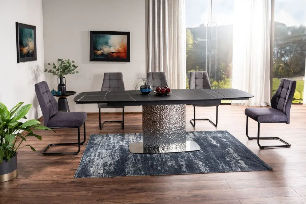 Stół rozkładany MONCLER CERAMIC 160(240)x90 czarny mat/srebrny z ceramicznym blatem I sklep meblowy MIRAT. styl GLAMOUR