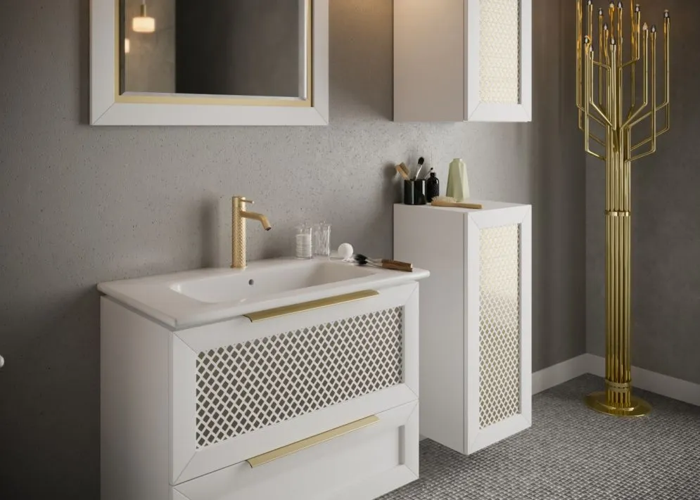 Lustro łazienkowe CHIC 100x80 cm w białej ramie ze złotym detalem | MIRAT kolekcja CHIC