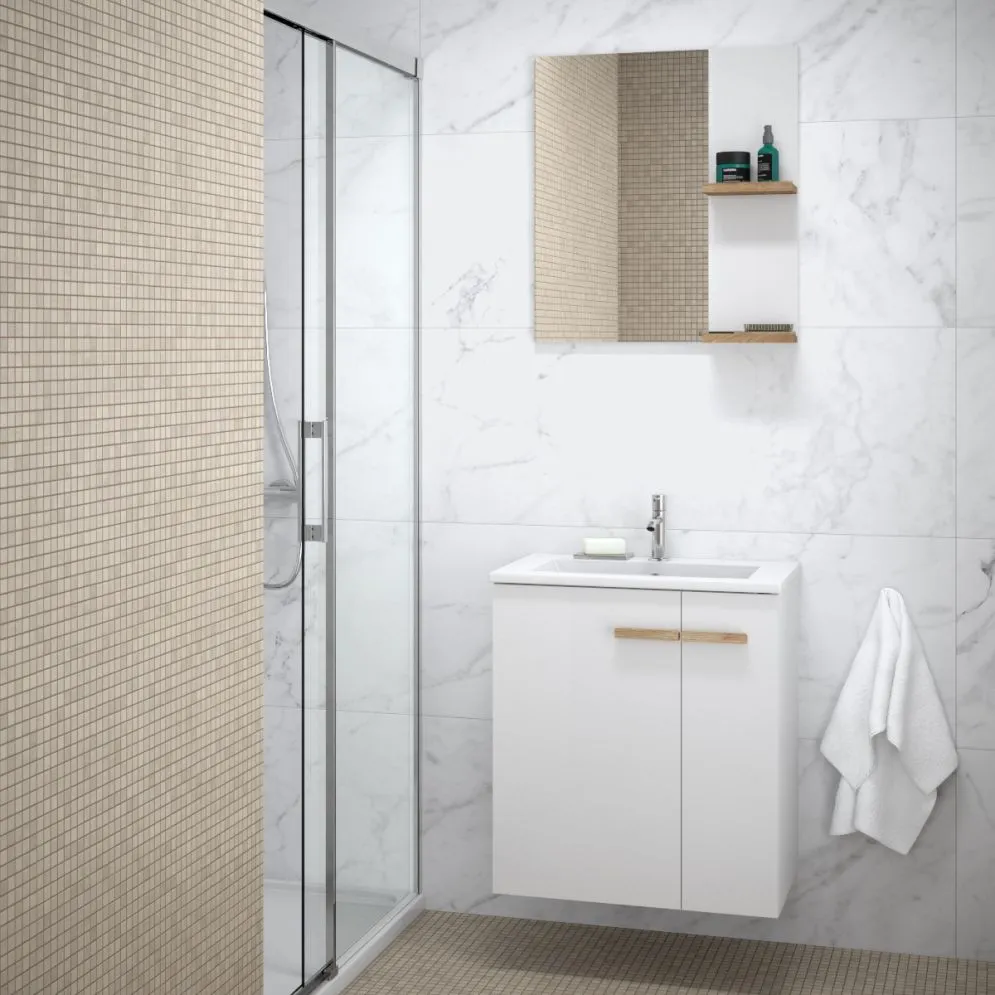 Lustro łazienkowe L-WOOD 59 cm białe połysk z półkami dąb castello | MIRAT styl SKANDYNAWSKI kolekcja L-WOOD