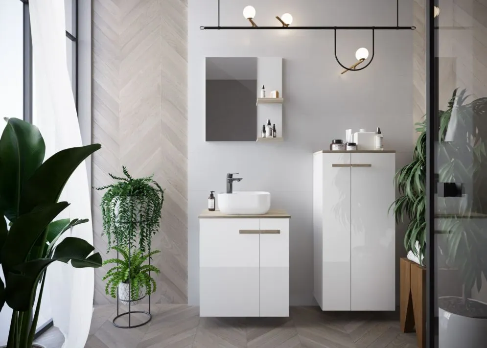 Lustro łazienkowe L-WOOD 59 cm białe połysk z półkami dąb castello | MIRAT styl SKANDYNAWSKI kolekcja L-WOOD