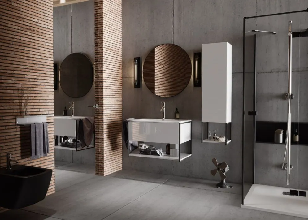 Szafka pod umywalkę LOV 60 cm biała połysk w czarnej ramie z półką | MIRAT  kolekcja LOV