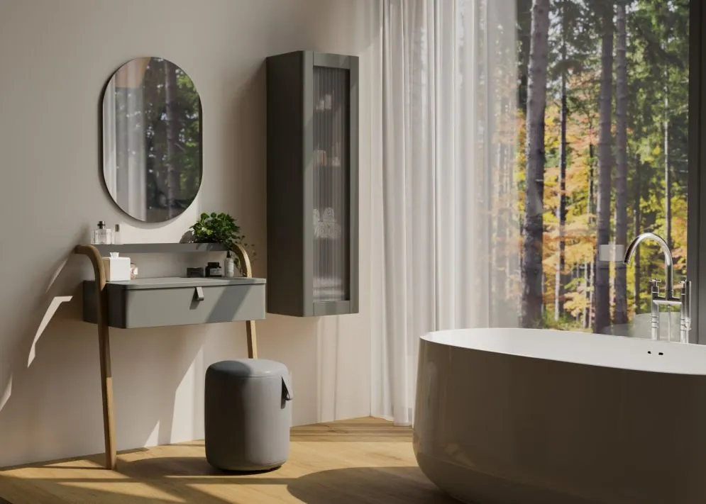 Pufa do toaletki MOSS 34 cm jasno szara wodoodporna okrągła| MIRAT  kolekcja MOSS