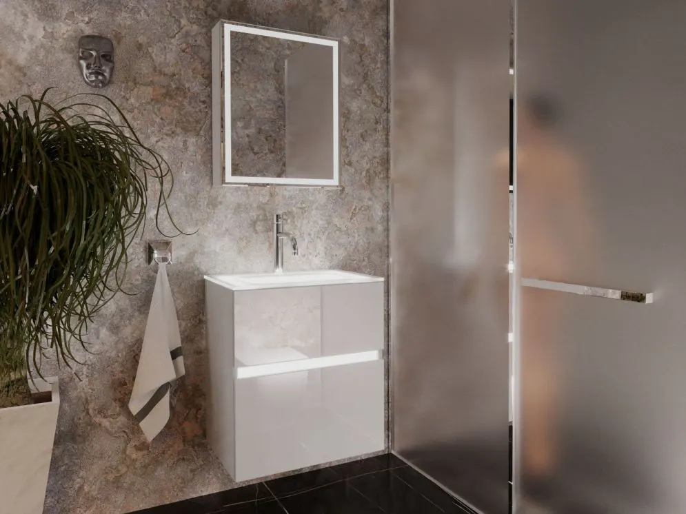 Szafka pod umywalkę NEO 60 cm biała połysk z oświetleniem LED i czujnikiem ruchu | MIRAT  kolekcja NEO