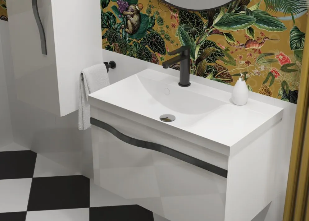 Wisząca szafka pod umywalkę VOG 69 cm biała połysk ze stalowym uchwytem | MIRAT