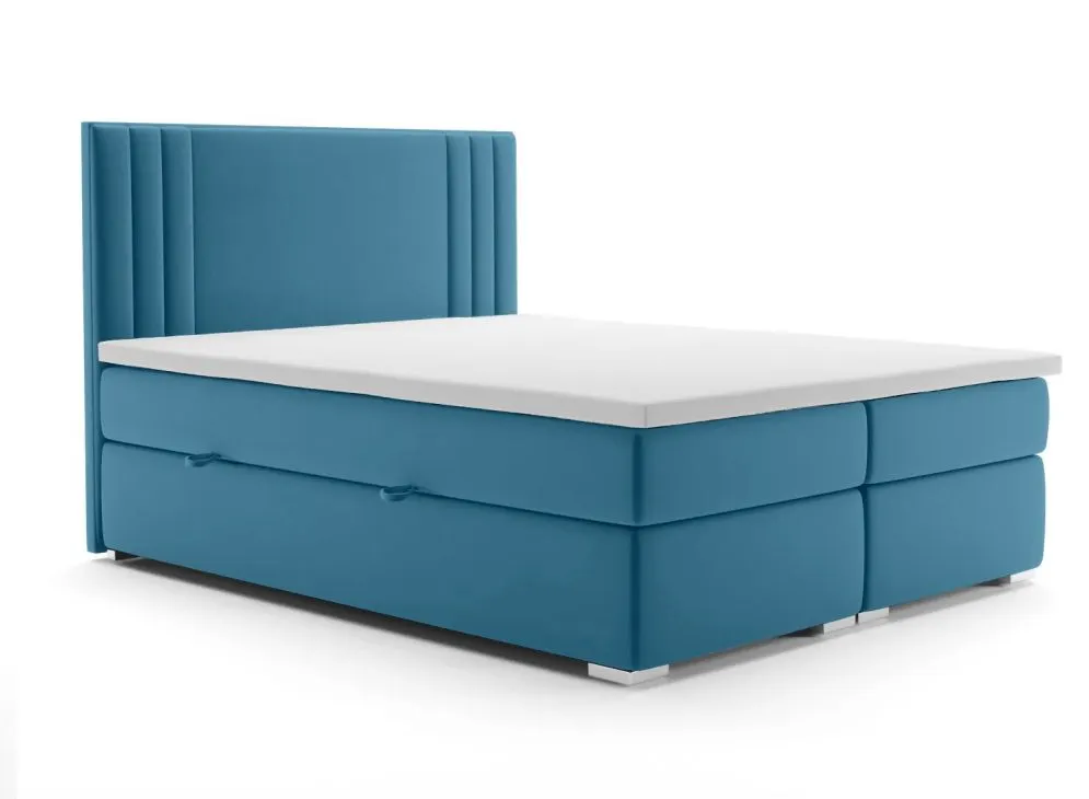 Łóżko kontynentalne MAO 160 ciemno niebieskie velvet z pojemnikiem i materacem | MIRAT. styl GLAMOUR