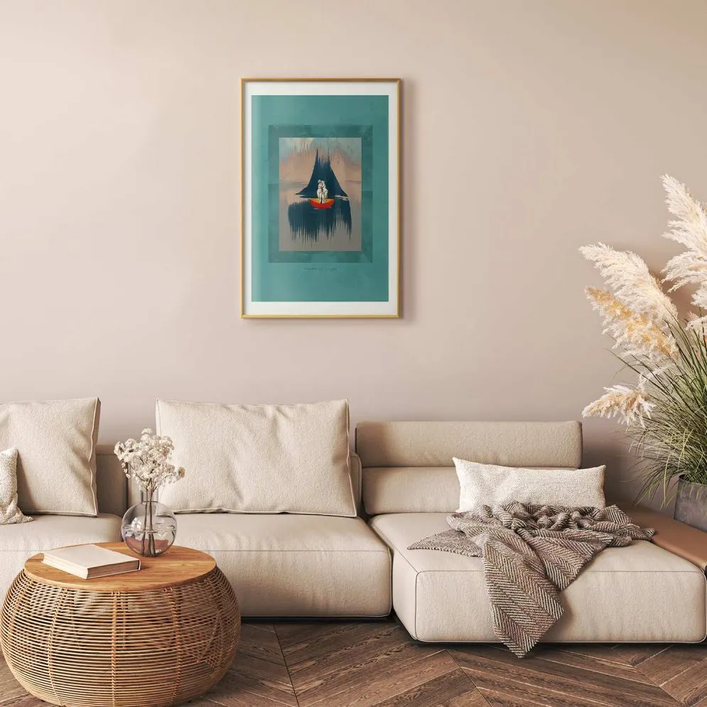 Plakat Para na łodzi 29,7x42 cm z ramą złotą z marginesem | MIRAT.