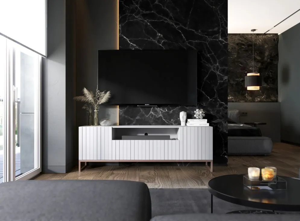 Szafka RTV TAL 2D1K 150cm biała mat trzydrzwiowa I sklep meblowy MIRAT. styl GLAMOUR, RYFLOWANY kolekcja TAL