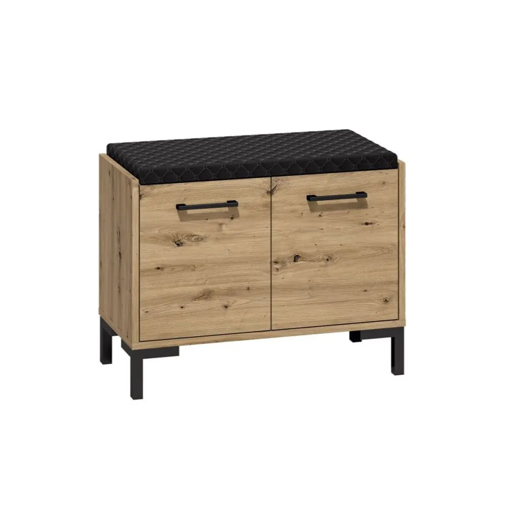 Szafka na buty z siedziskiem NIKOLA 70 dąb artisan/czarna polskiej produkcji I sklep meblowy MIRAT. styl LOFT