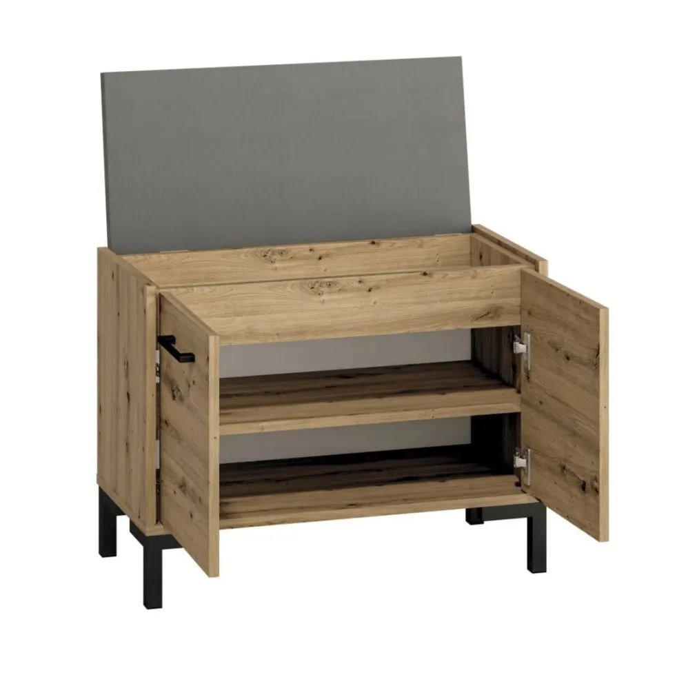 Szafka na buty z siedziskiem NIKOLA 70 dąb artisan/czarna polskiej produkcji I sklep meblowy MIRAT. styl LOFT