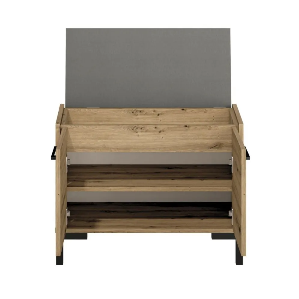 Szafka na buty z siedziskiem NIKOLA 70 dąb artisan/czarna polskiej produkcji I sklep meblowy MIRAT. styl LOFT