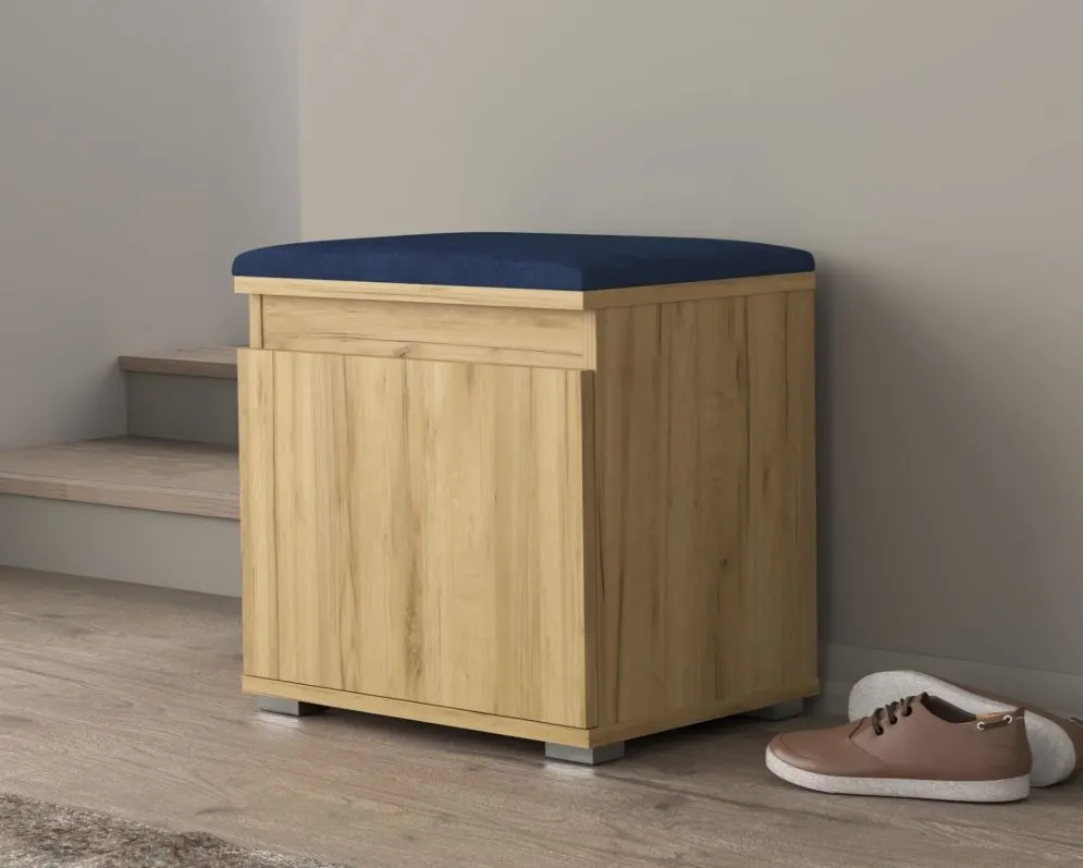 Szafka na buty SINGAPUR 50 dąb craft/granatowa z siedziskiem I sklep meblowy MIRAT. styl LOFT, SKANDYNAWSKI