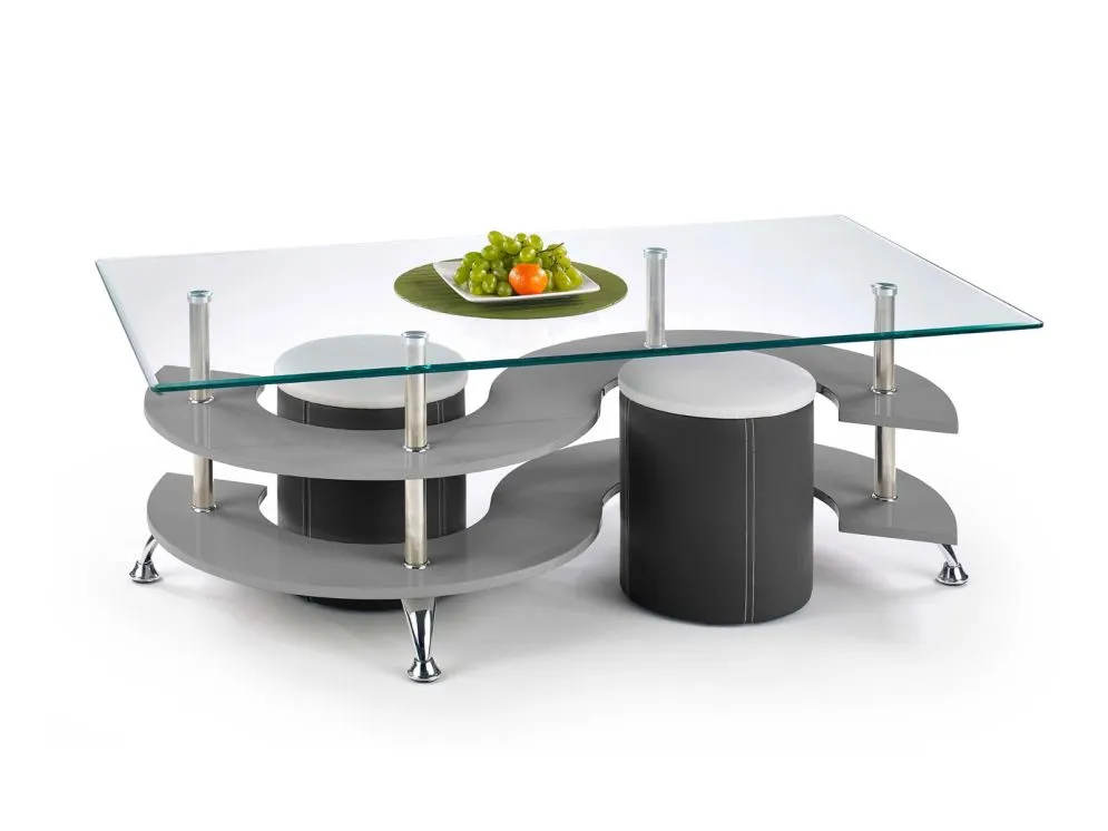 Ława NINA 5 szklana z szarymi półkami i pufami | MIRAT.