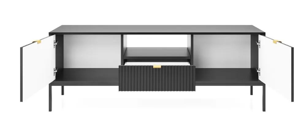 Szafka RTV MILONA 154 stojąca czarna mat I sklep meblowy MIRAT. styl GLAMOUR, RYFLOWANY kolekcja MILONA