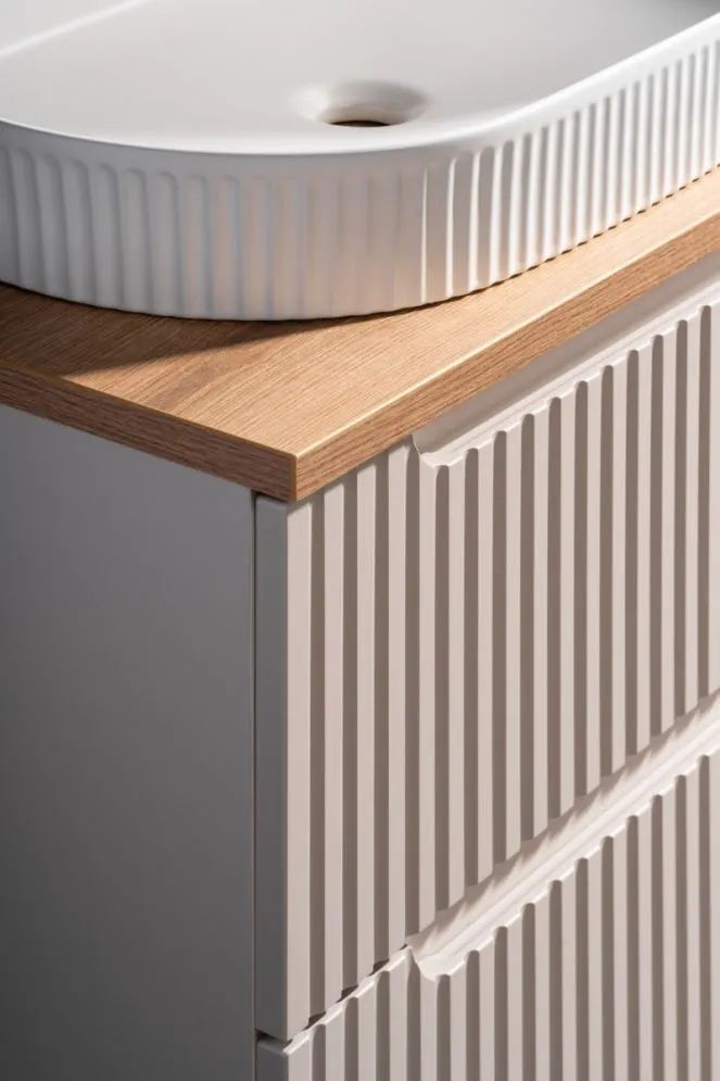 Szafka pod umywalkę nablatową NOVA CASHMERE 50cm kaszmirowa - zestaw 80cm z blatem i CARGO 30cm I sklep meblowy MIRAT. styl RYFLOWANY kolekcja NOVA