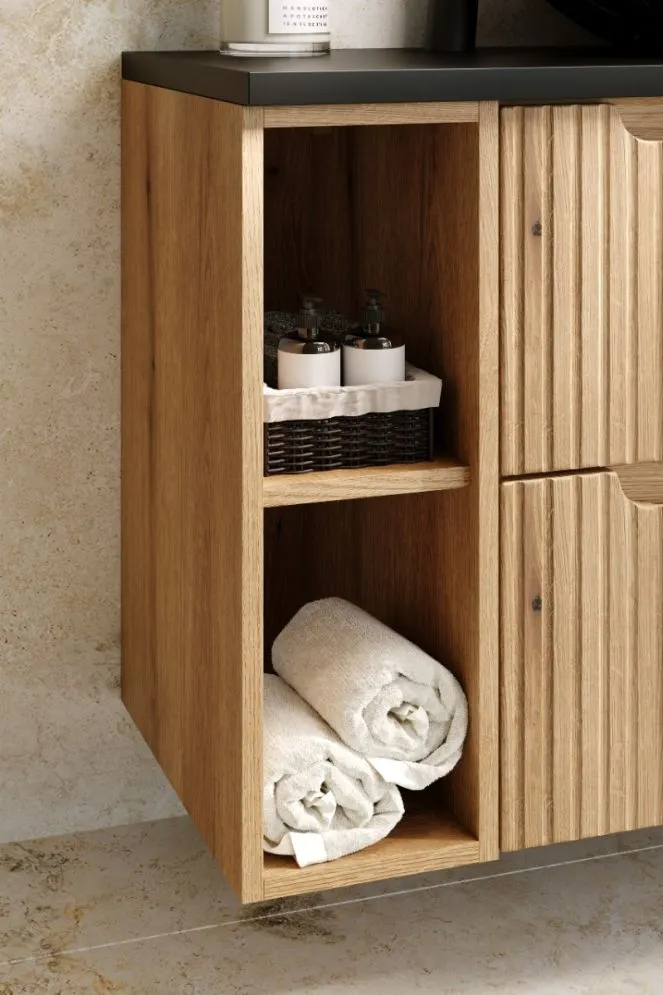 Szafka pod umywalkę nablatową NOVA DENIM 140cm niebieska/dąb - zestaw meblowy z blatem I sklep meblowy MIRAT. styl RYFLOWANY kolekcja NOVA