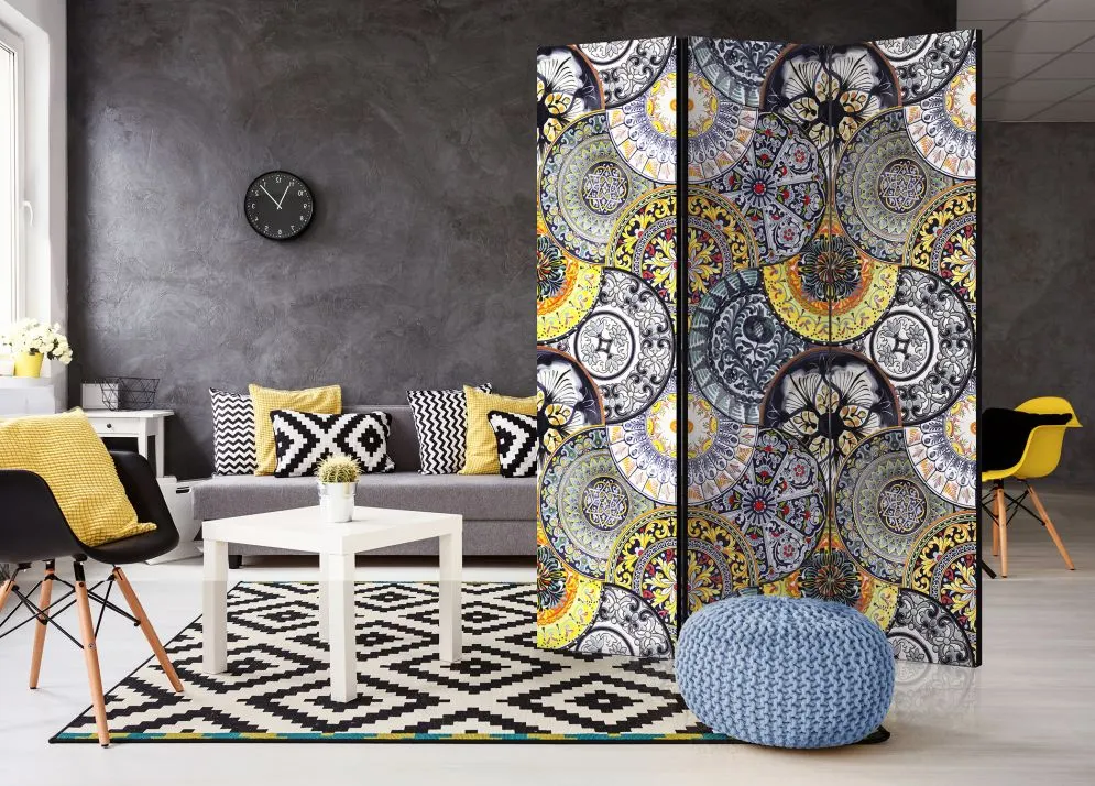 Parawan dwustronny Kwiaty 135x172 cm 3-częściowy szary | MIRAT.