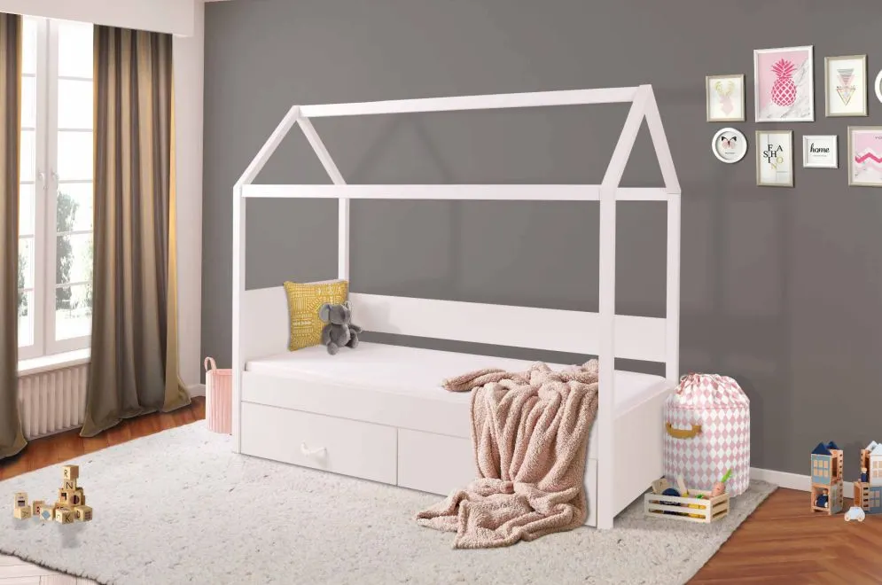 Łóżko domek BAJKAŁ 180x80 białe z barierką i szufladami | MIRAT.
