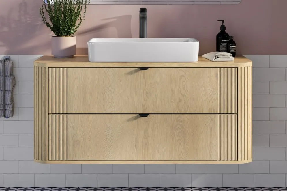 Wisząca szafka pod umywalkę nablatową OVALIA CREMONA 2S 120cm dąb cremona z blatem I sklep meblowy MIRAT. styl RYFLOWANY, SKANDYNAWSKI kolekcja OVALIA