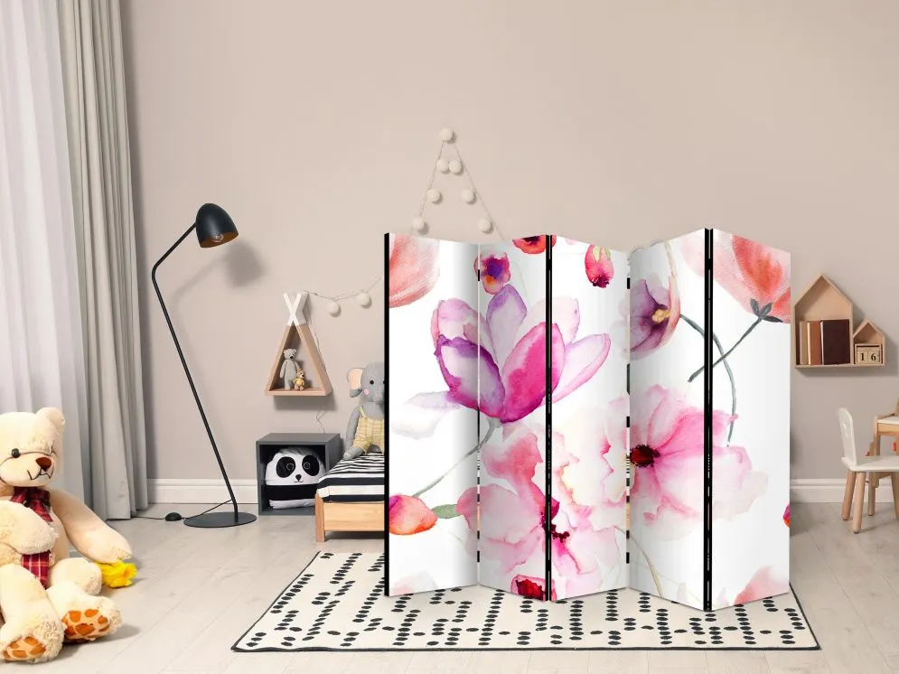 Parawan dwustronny Kwiaty 225x172 cm 5-częściowy biały | MIRAT.