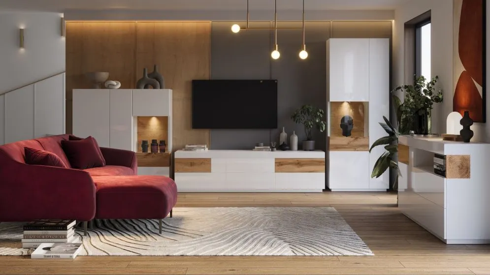 Komoda SILKE 3D1S 150cm biały połysk/dąb wotan skandynawska I sklep meblowy MIRAT. styl SKANDYNAWSKI kolekcja SILKE